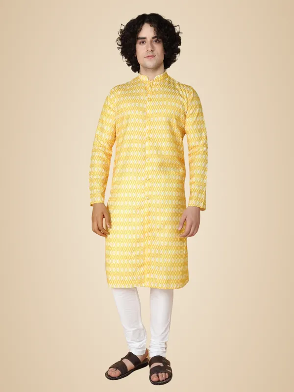 Yellow_Cotton_Yellow_Full_Sleeve_Regular_Printed_Kurta_Churidar_Set_For_Men