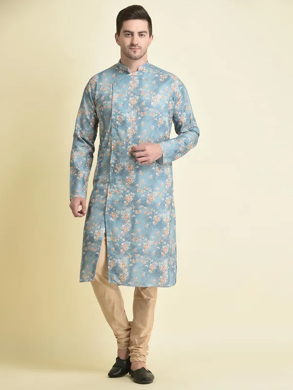 Blue_Cotton_Blue_Full_Sleeve_Regular_Fit_Printed_Kurta_Set_For_Men