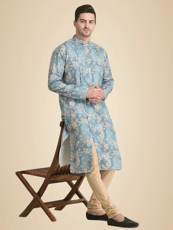 Blue_Cotton_Blue_Full_Sleeve_Regular_Fit_Printed_Kurta_Set_For_Men