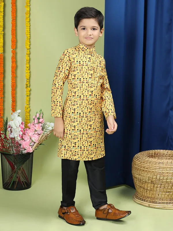 Yellow_Cotton_Full_Sleeve_Regular_Fit_Printed_Yellow_Kurta_Churidar_Set_For_Boy