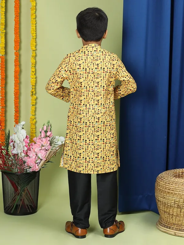 Yellow_Cotton_Full_Sleeve_Regular_Fit_Printed_Yellow_Kurta_Churidar_Set_For_Boy