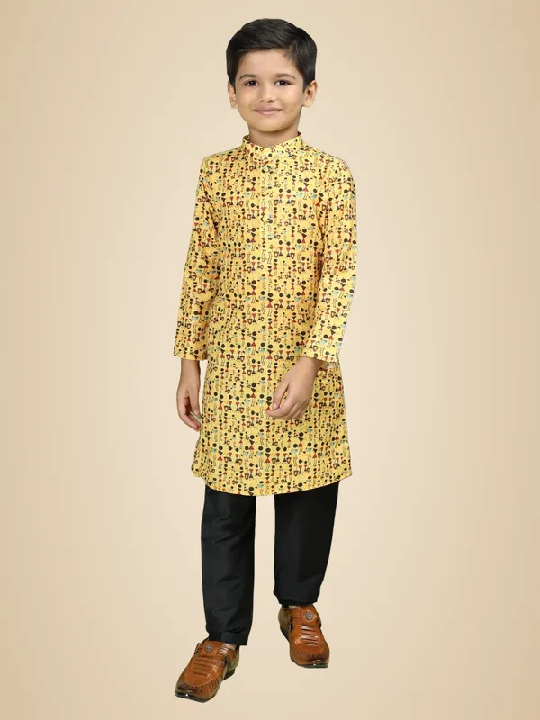 Yellow_Cotton_Full_Sleeve_Regular_Fit_Printed_Yellow_Kurta_Churidar_Set_For_Boy
