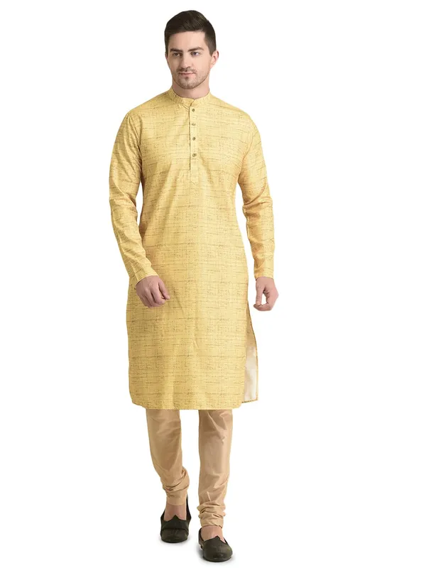 Yellow_Cotton_Full_Sleeve_Regular_Fit_Printed_Kurta_For_Men