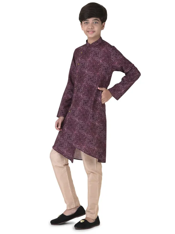 Purple_Cotton_Full_Sleeve_Regular_Fit_Printed_Kurta_Churidar_For_Kids