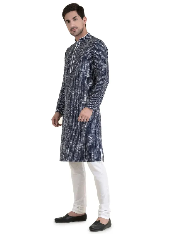 Blue_Cotton_Yellow_Full_Sleeves_Regular_Printed_Kurta_Churidar_Set_For_Men