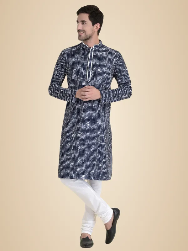Blue_Cotton_Yellow_Full_Sleeves_Regular_Printed_Kurta_Churidar_Set_For_Men
