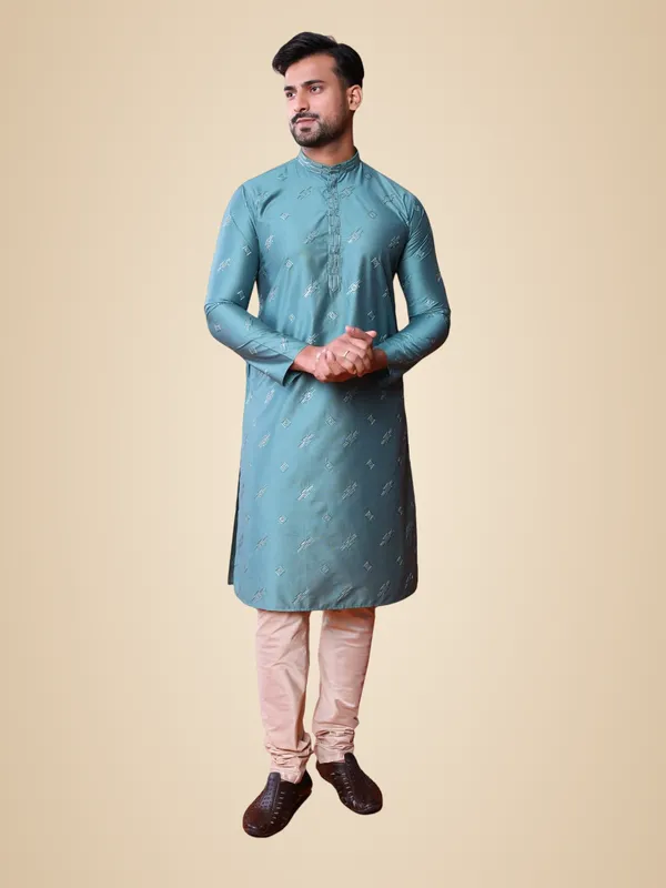 Green_Cotton_Full_Sleeves_Regular_Fit_Embroidery_Kurta_For_Men