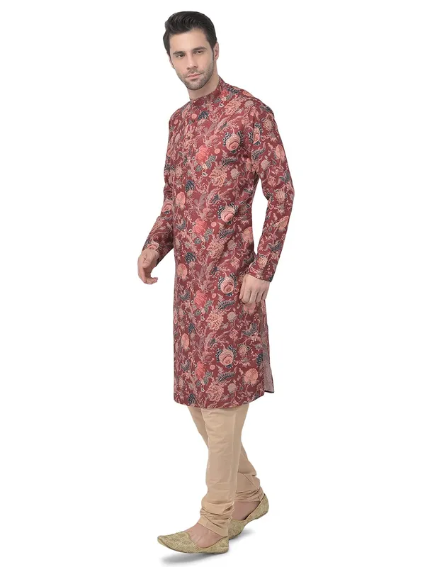 Maroon_Regular_Fit_Cotton_Kurta_Ͽ�_Beige_Colour_Full_Sleeves_For_Men