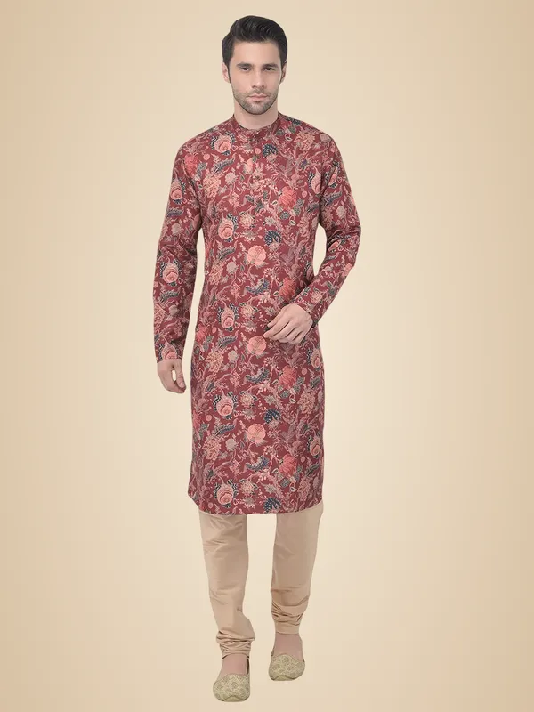 Maroon_Regular_Fit_Cotton_Kurta_Ͽ�_Beige_Colour_Full_Sleeves_For_Men