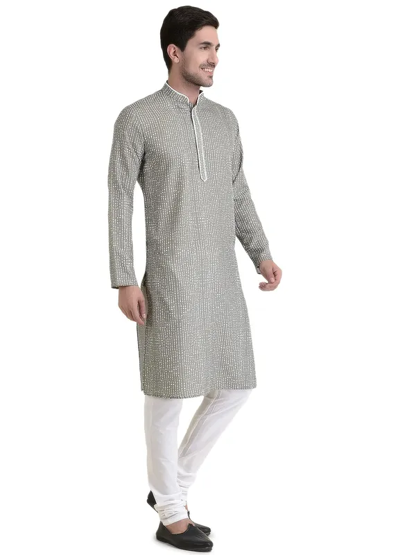 Green_Cotton_Yellow_Full_Sleeves_Regular_Printed_Kurta_Churidar_Set_For_Men