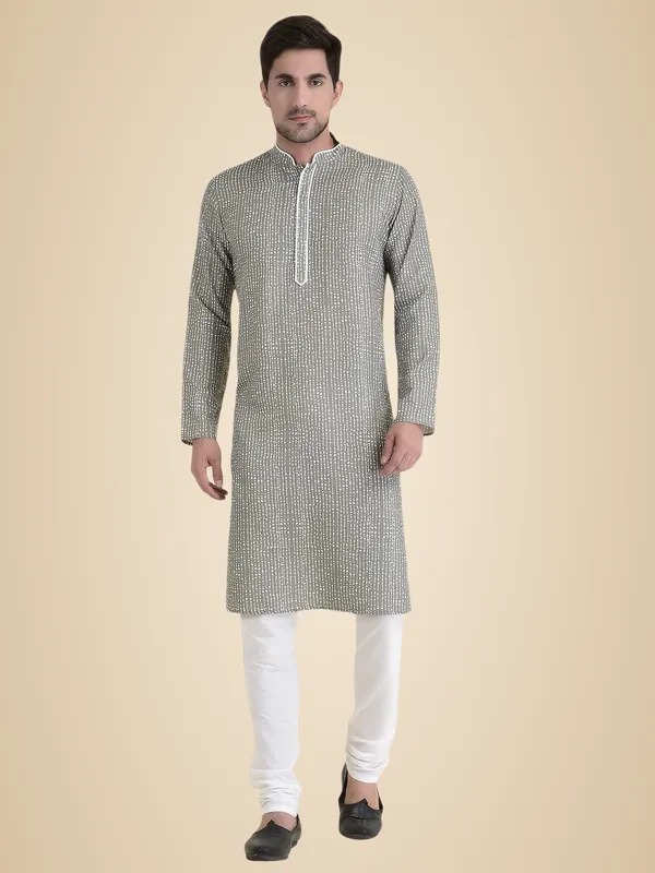 Green_Cotton_Yellow_Full_Sleeves_Regular_Printed_Kurta_Churidar_Set_For_Men