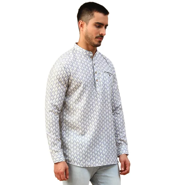 Silver_Cotton_Full_Sleeve_Regular_Fit_Printed_Short_Kurta_For_Men