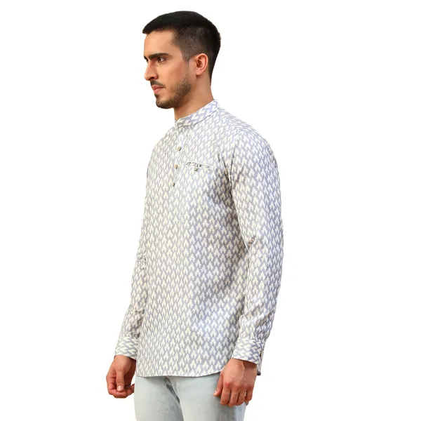 Silver_Cotton_Full_Sleeve_Regular_Fit_Printed_Short_Kurta_For_Men