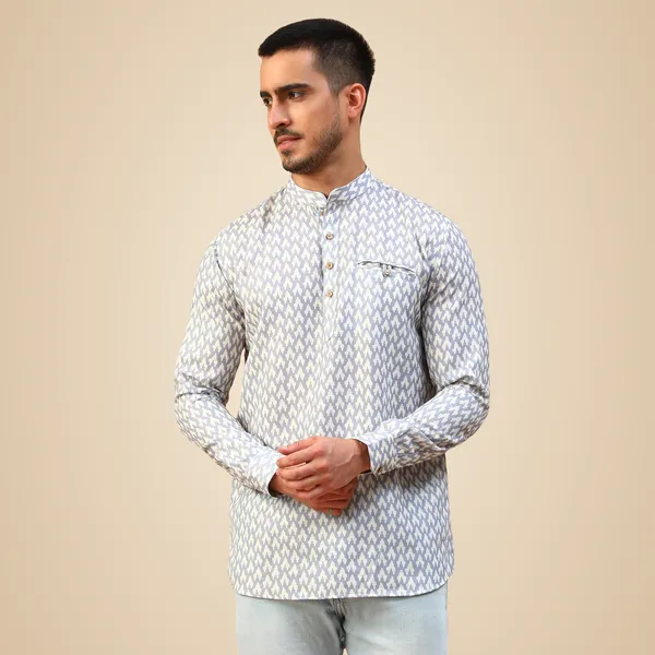 Silver_Cotton_Full_Sleeve_Regular_Fit_Printed_Short_Kurta_For_Men