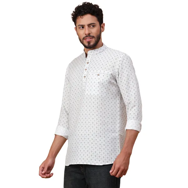 White_Cotton_Full_Sleeve_Regular_Fit_Printed_Short_Kurta_For_Men