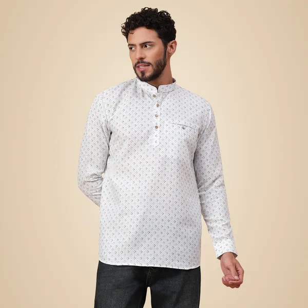 White_Cotton_Full_Sleeve_Regular_Fit_Printed_Short_Kurta_For_Men