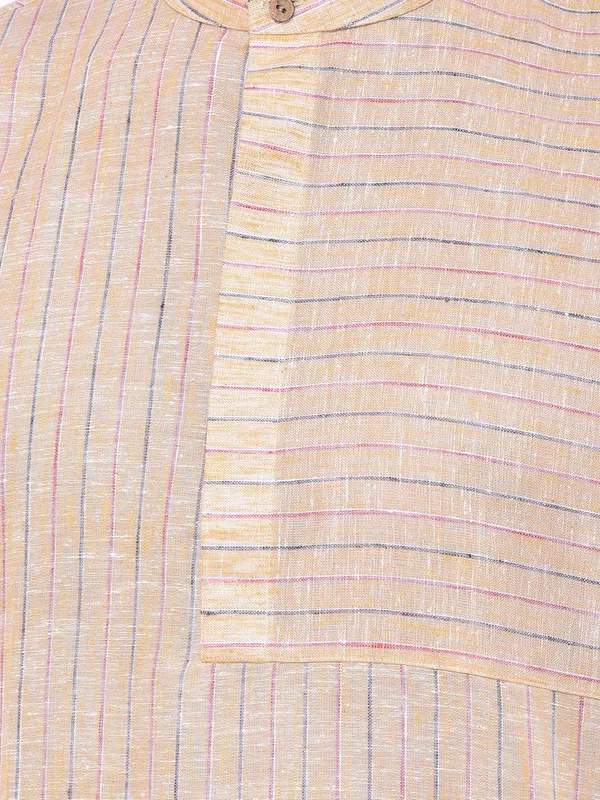 Yellow_Cotton_Linen_Full_Sleeves_Regular_Stripe_Kurta_Churidar_Set_For_Men