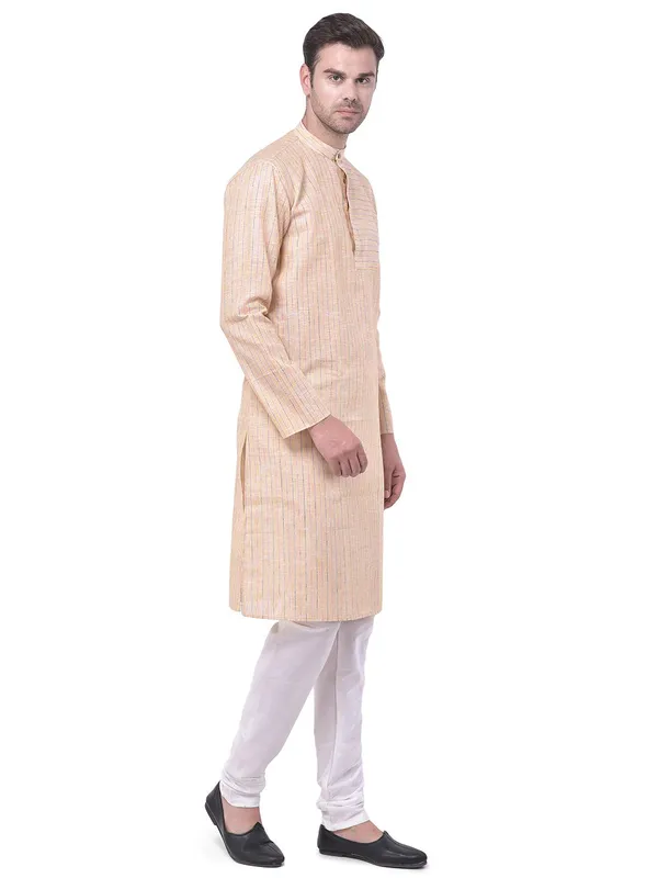 Yellow_Cotton_Linen_Full_Sleeves_Regular_Stripe_Kurta_Churidar_Set_For_Men