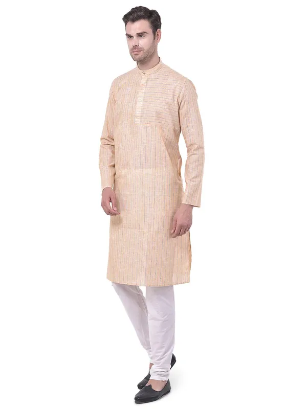 Yellow_Cotton_Linen_Full_Sleeves_Regular_Stripe_Kurta_Churidar_Set_For_Men