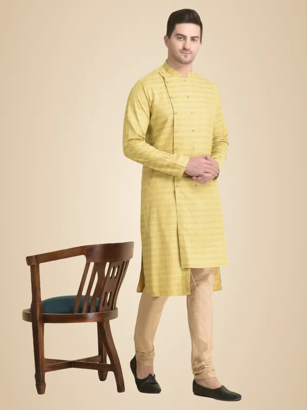 Yellow_Cotton_Full_Sleeve_Regular_Fit_Printed_Kurta_For_Men