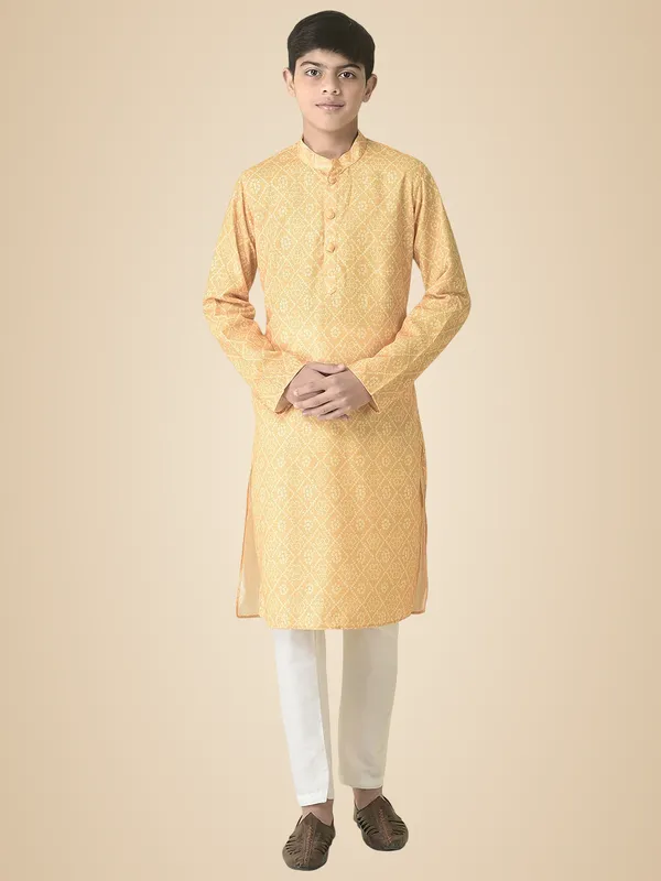 Yellow_Cotton_Full_Sleeve_Regular_Printed_Kurta_Set_For_Kids