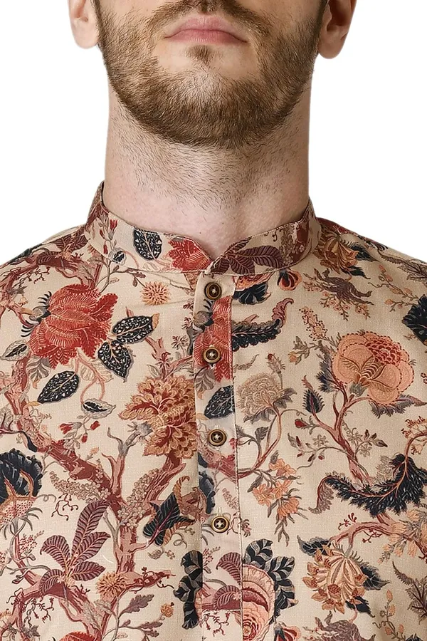 Beige_Cotton_Full_Sleeve_Regular_Printed_Kurta_Churidar_Set_For_Men