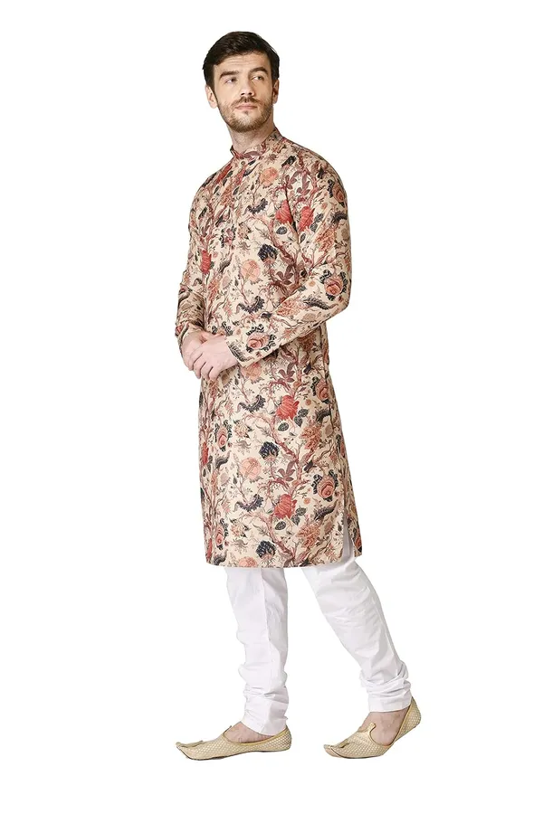 Beige_Cotton_Full_Sleeve_Regular_Printed_Kurta_Churidar_Set_For_Men