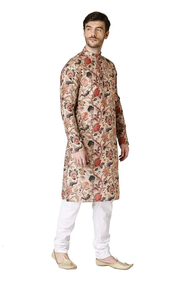 Beige_Cotton_Full_Sleeve_Regular_Printed_Kurta_Churidar_Set_For_Men