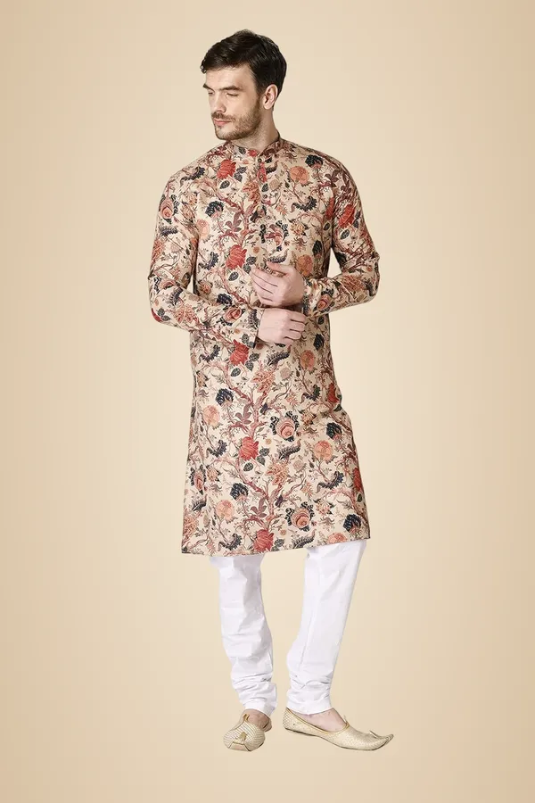 Beige_Cotton_Full_Sleeve_Regular_Printed_Kurta_Churidar_Set_For_Men