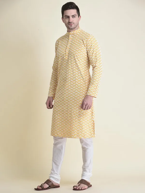 Yellow_Cotton_Full_Sleeve_Regular_Fit_Chikankari_Embroidery_Kurta_Set_For_Men