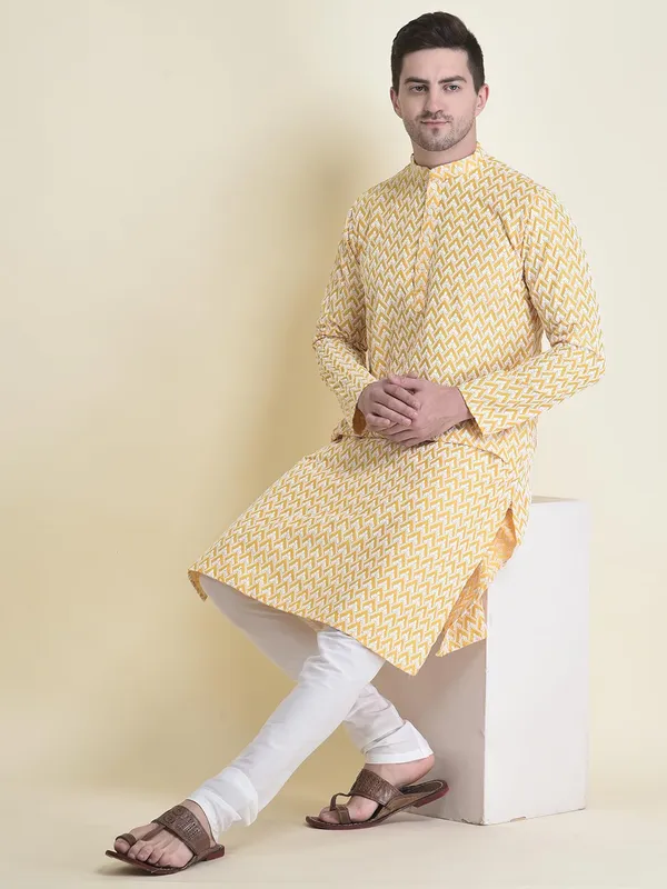 Yellow_Cotton_Full_Sleeve_Regular_Fit_Chikankari_Embroidery_Kurta_Set_For_Men