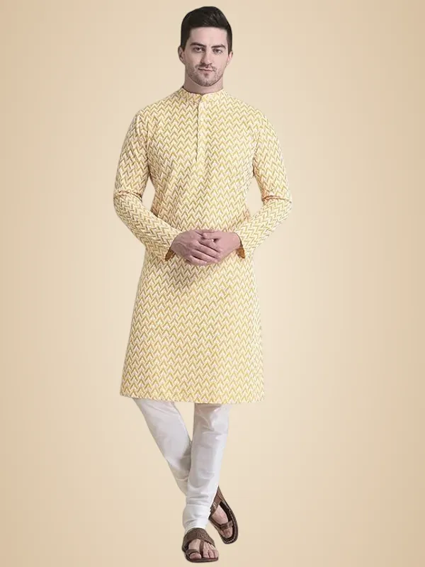 Yellow_Cotton_Full_Sleeve_Regular_Fit_Chikankari_Embroidery_Kurta_Set_For_Men