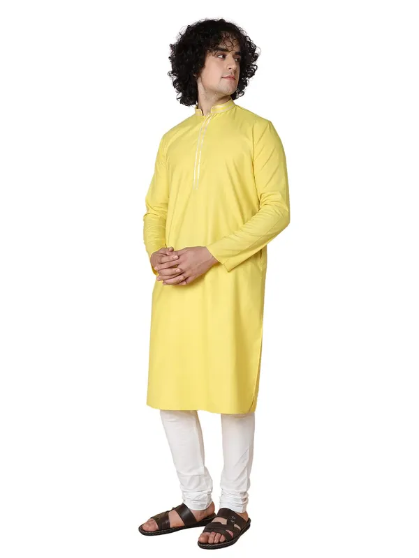 Yellow_Cotton_Full_Sleeves_Regular_Plain_Kurta_Churidar_Set_For_Men
