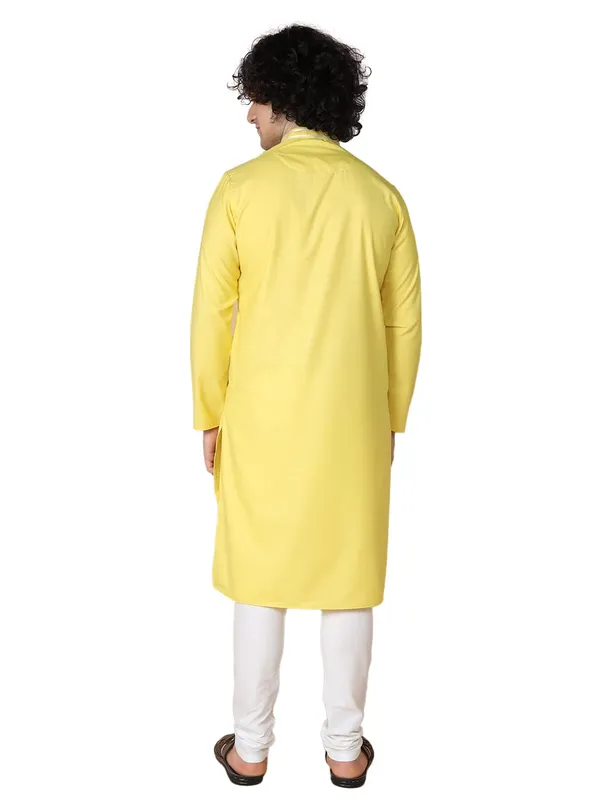 Yellow_Cotton_Full_Sleeves_Regular_Plain_Kurta_Churidar_Set_For_Men