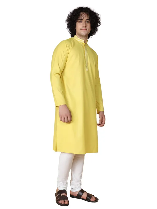 Yellow_Cotton_Full_Sleeves_Regular_Plain_Kurta_Churidar_Set_For_Men
