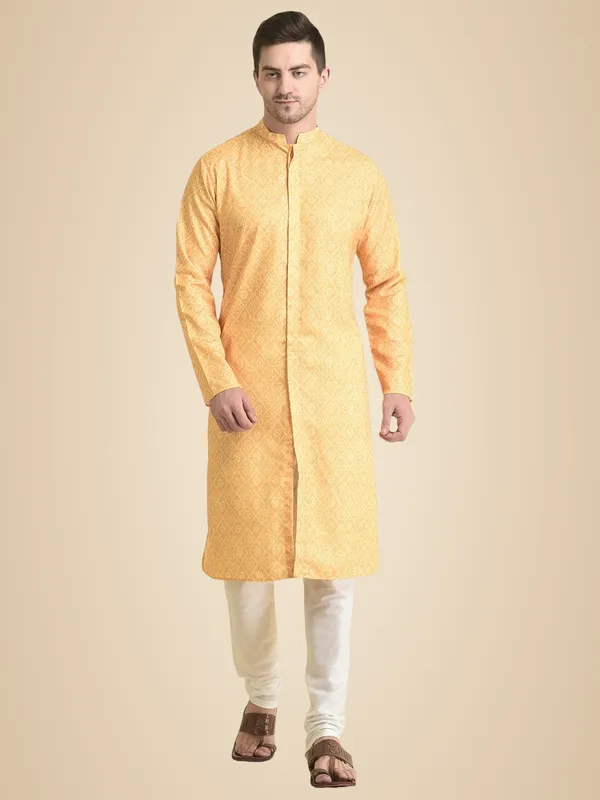 Yellow_Cotton_Yellow_Full_Sleeve_Regular_Fit_Printed_Kurta_Set_For_Men