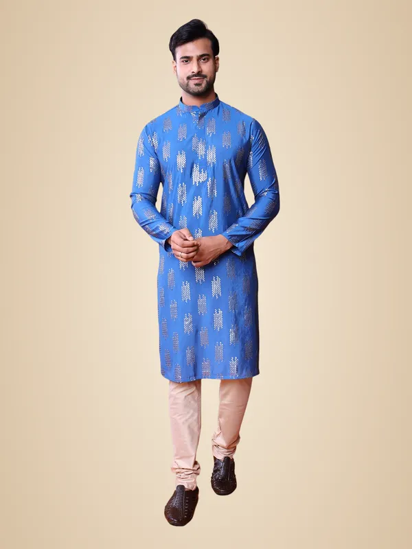 Blue_Cotton_Full_Sleeves_Regular_Fit_Embroidery_Kurta_For_Men