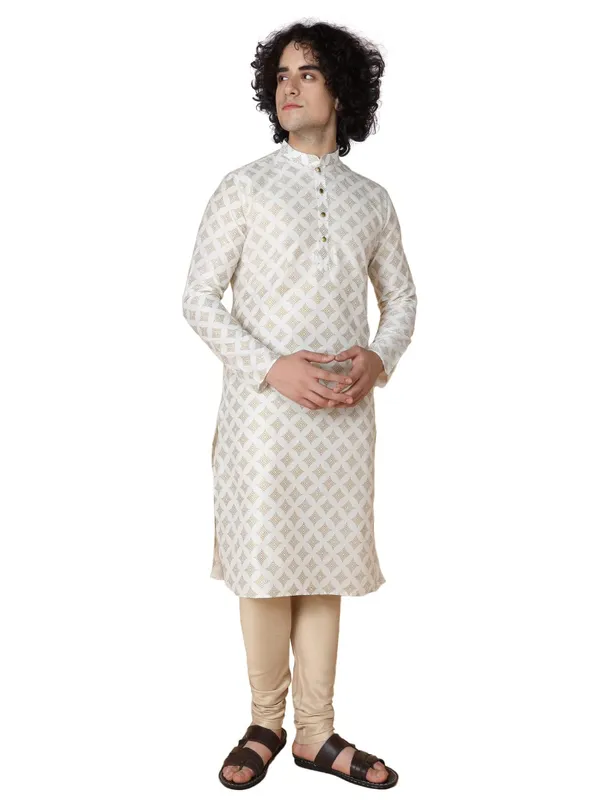 White_Cotton_Full_Sleeves_Regular_Printed_Kurta_Churidar_Set_For_Men