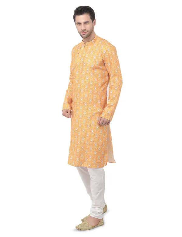 Yellow_Cotton_Yellow_Full_Sleeve_Regular_Printed_Kurta_For_Men