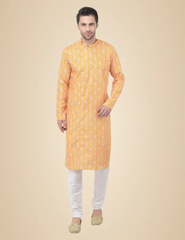 Yellow_Cotton_Yellow_Full_Sleeve_Regular_Printed_Kurta_For_Men