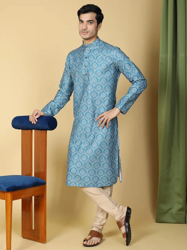 Blue_Pure_Cotton_Full_Sleeves_Regular_Printed_Ethnic_Kurta_Set_For_Men