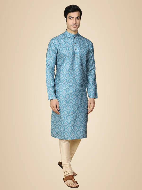 Blue_Pure_Cotton_Full_Sleeves_Regular_Printed_Ethnic_Kurta_Set_For_Men