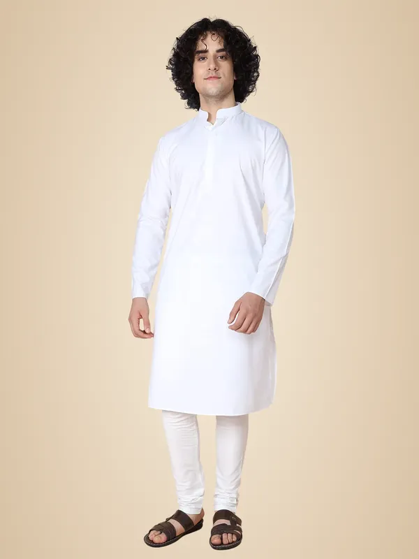 White_Cotton_White_Full_Sleeve_Regular_Fit_Plain_Kurta_For_Men