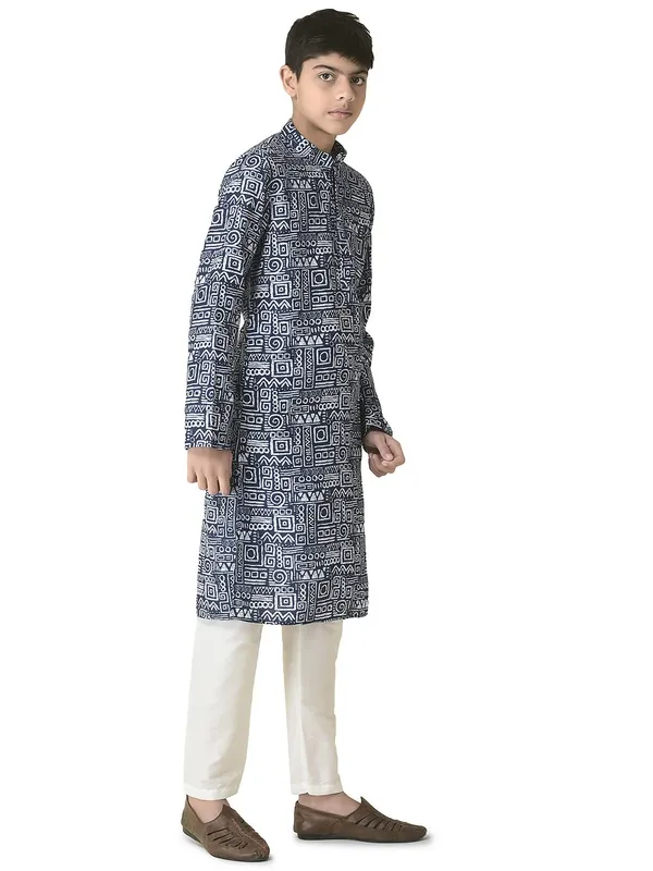 Blue_Cotton_Full_Sleeve_Regular_Printed_Kurta_Set_For_Kids