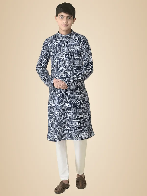 Blue_Cotton_Full_Sleeve_Regular_Printed_Kurta_Set_For_Kids