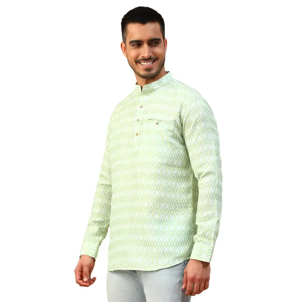 Green_Cotton_Full_Sleeve_Regular_Fit_Printed_Short_Kurta_For_Men