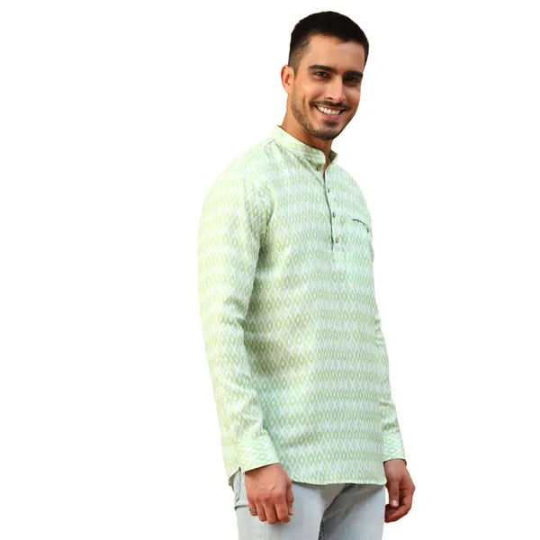 Green_Cotton_Full_Sleeve_Regular_Fit_Printed_Short_Kurta_For_Men