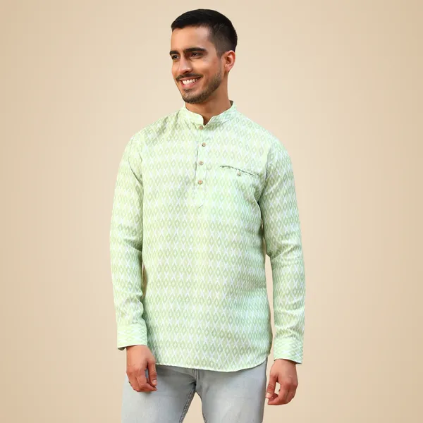 Green_Cotton_Full_Sleeve_Regular_Fit_Printed_Short_Kurta_For_Men