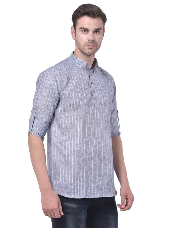 Grey_Cotton_Linen_Full_Sleeves_Regular_Stripe_Short_Kurta_For_Men