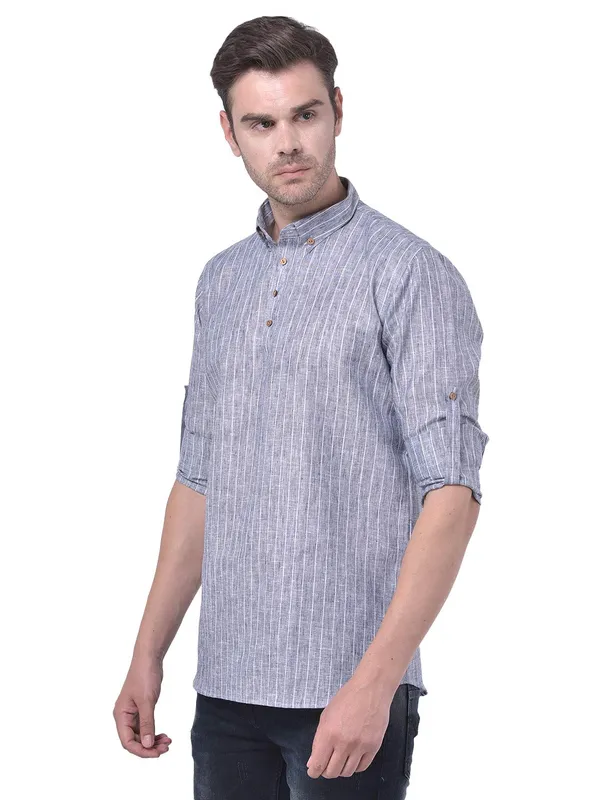 Grey_Cotton_Linen_Full_Sleeves_Regular_Stripe_Short_Kurta_For_Men